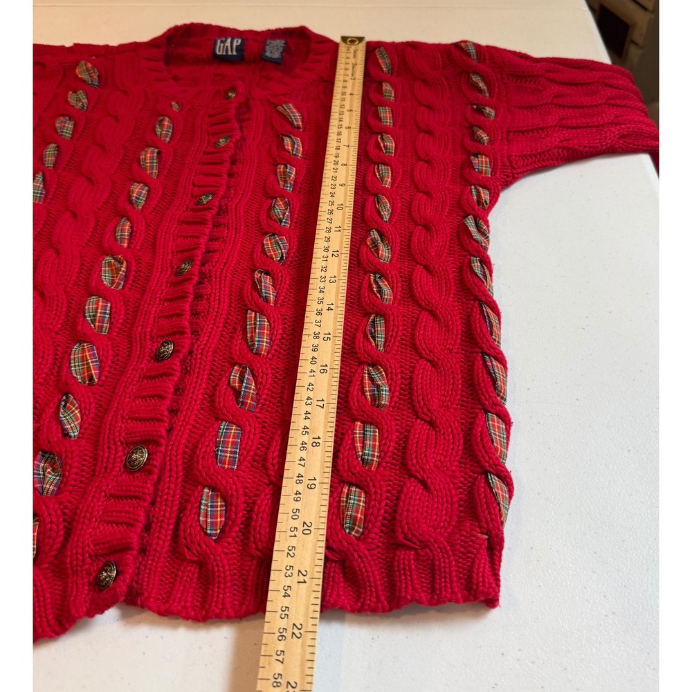Vintage 90s GAP XL Red Cable Knit Cardigan Sweater Plaid Ribbon Weave 100% Cott - Picture 8 of 10